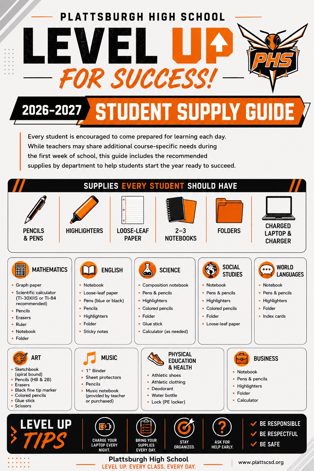 School supply list for PHS students by class